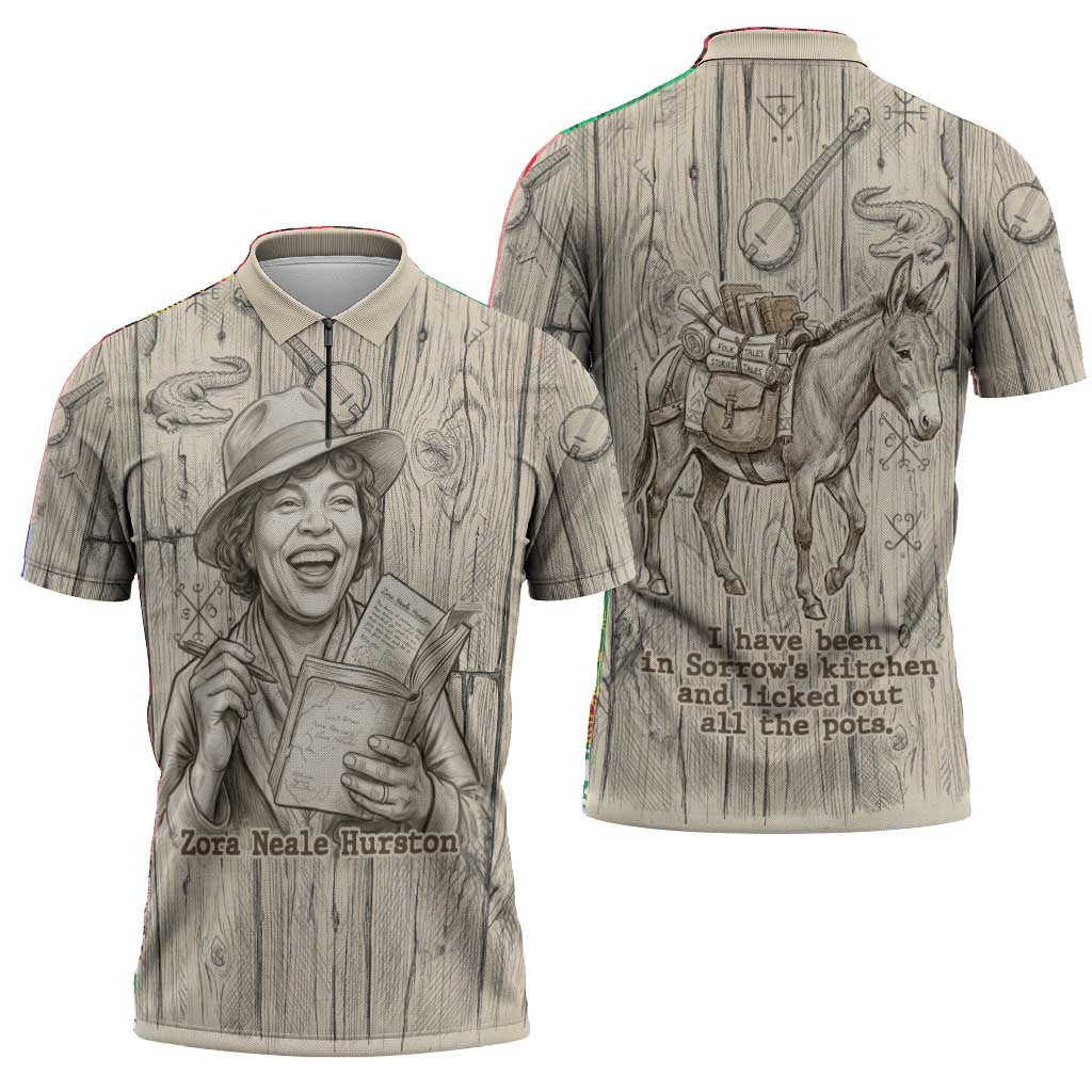 Zora Neale Hurston Zipper Polo Shirt Rustic Wood Engraved Style Illustration Joyful Portrait with Book and Map Donkey - Wonder Print Shop
