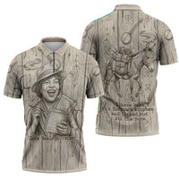Zora Neale Hurston Zipper Polo Shirt Rustic Wood Engraved Style Illustration Joyful Portrait with Book and Map Donkey - Wonder Print Shop