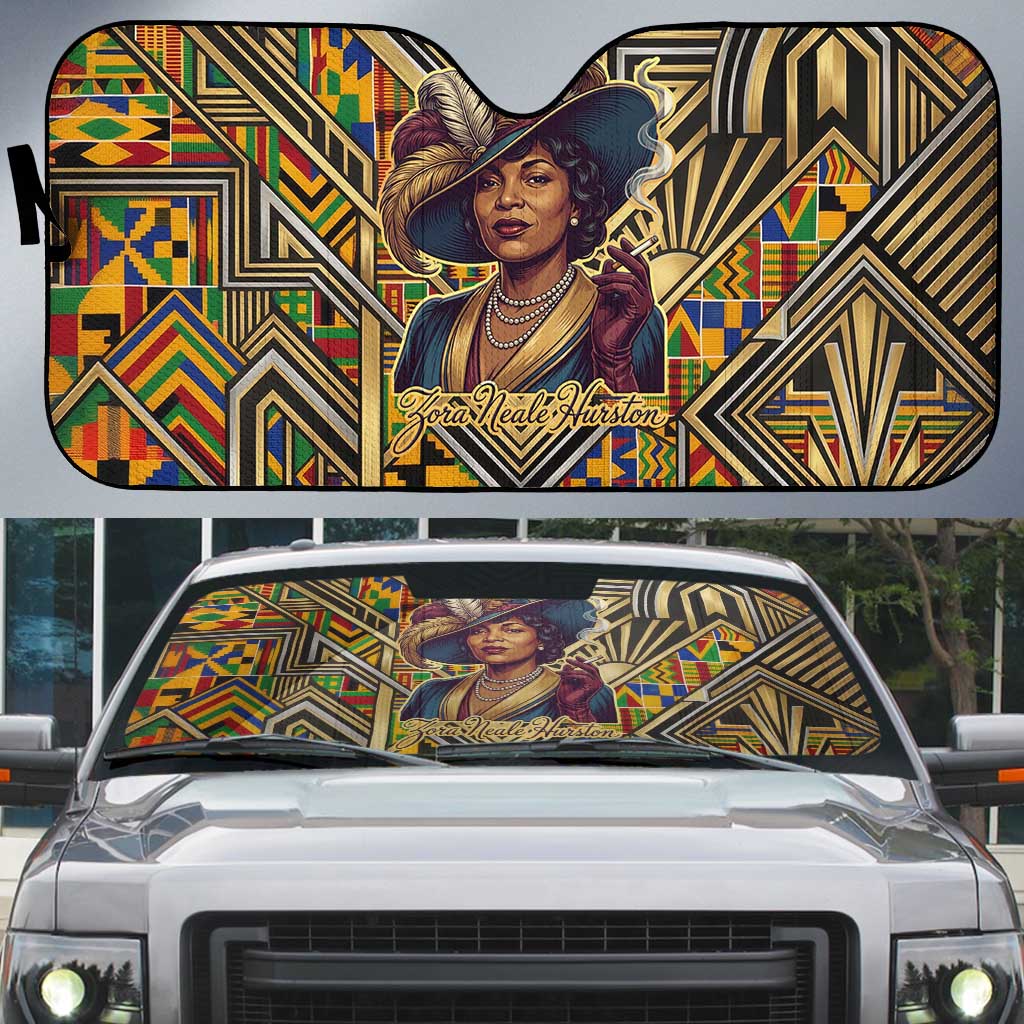 Zora Neale Hurston Auto Sun Shade Bold Kente and Art Deco Pattern - I Am Not Tragically Colored - Wonder Print Shop