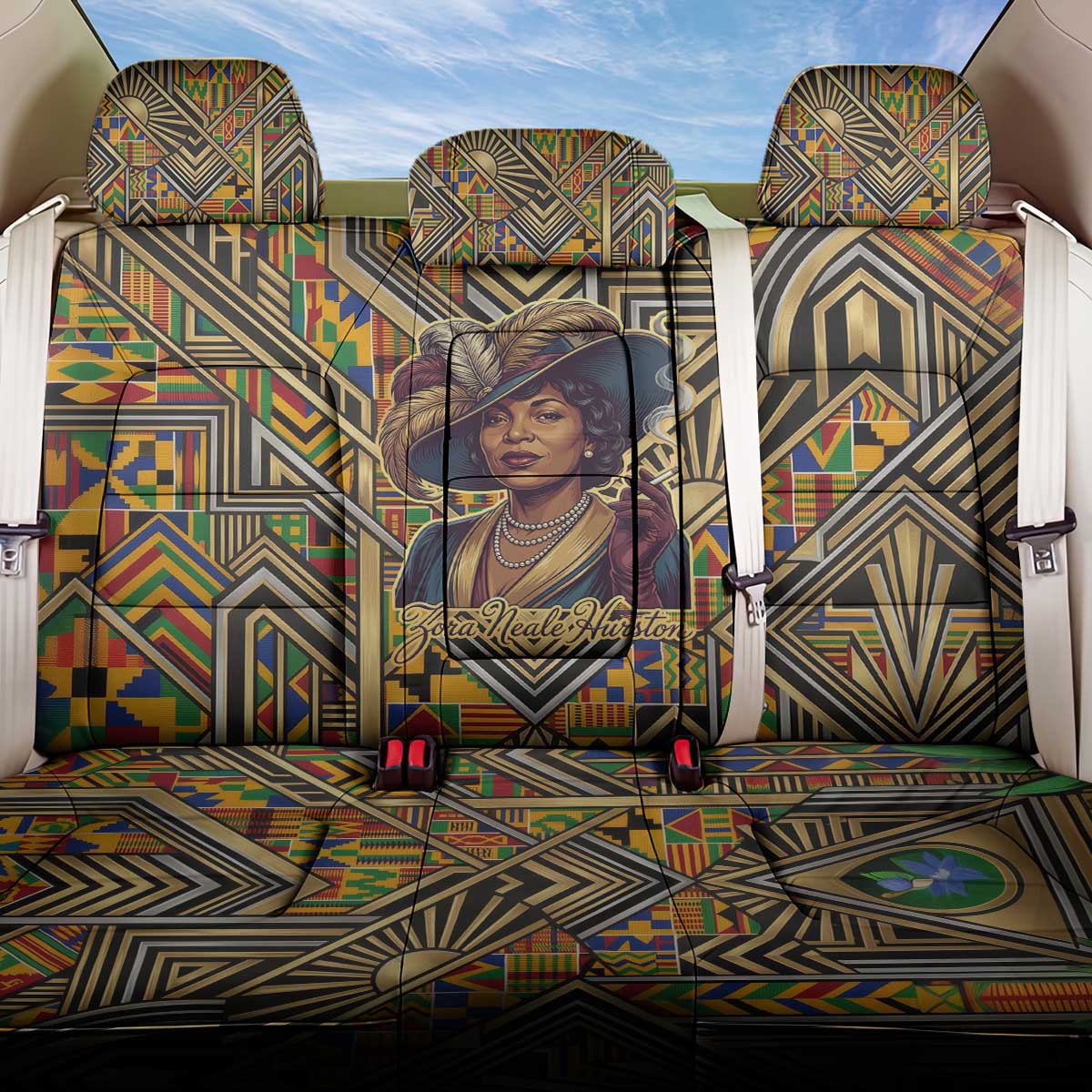 Zora Neale Hurston Back Car Seat Cover Bold Kente and Art Deco Pattern - I Am Not Tragically Colored - Wonder Print Shop