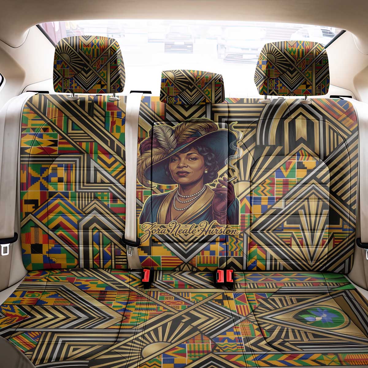 Zora Neale Hurston Back Car Seat Cover Bold Kente and Art Deco Pattern - I Am Not Tragically Colored - Wonder Print Shop