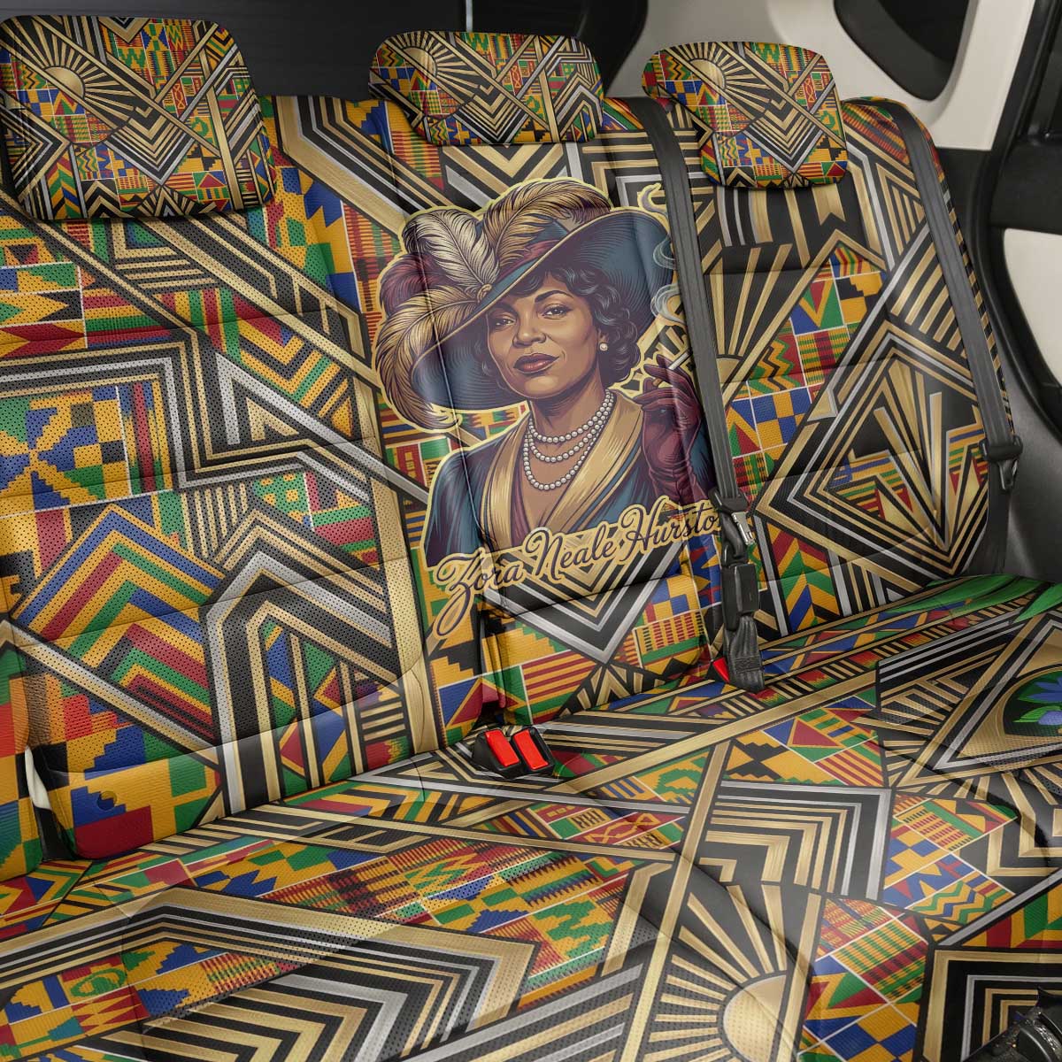 Zora Neale Hurston Back Car Seat Cover Bold Kente and Art Deco Pattern - I Am Not Tragically Colored - Wonder Print Shop