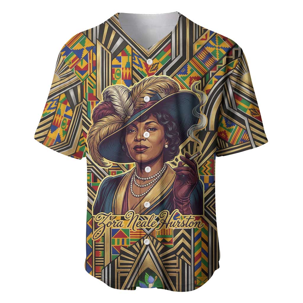Zora Neale Hurston Baseball Jersey Bold Kente and Art Deco Pattern - I Am Not Tragically Colored - Wonder Print Shop