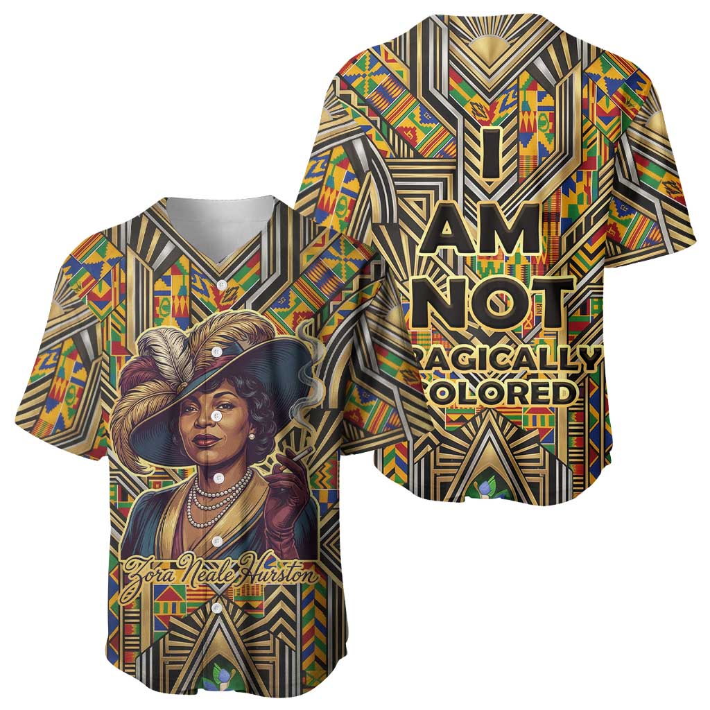 Zora Neale Hurston Baseball Jersey Bold Kente and Art Deco Pattern - I Am Not Tragically Colored - Wonder Print Shop