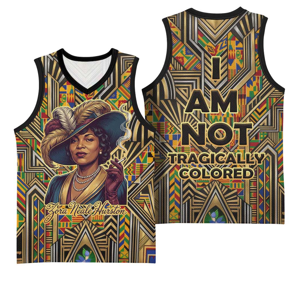Zora Neale Hurston Basketball Jersey Bold Kente and Art Deco Pattern - I Am Not Tragically Colored - Wonder Print Shop