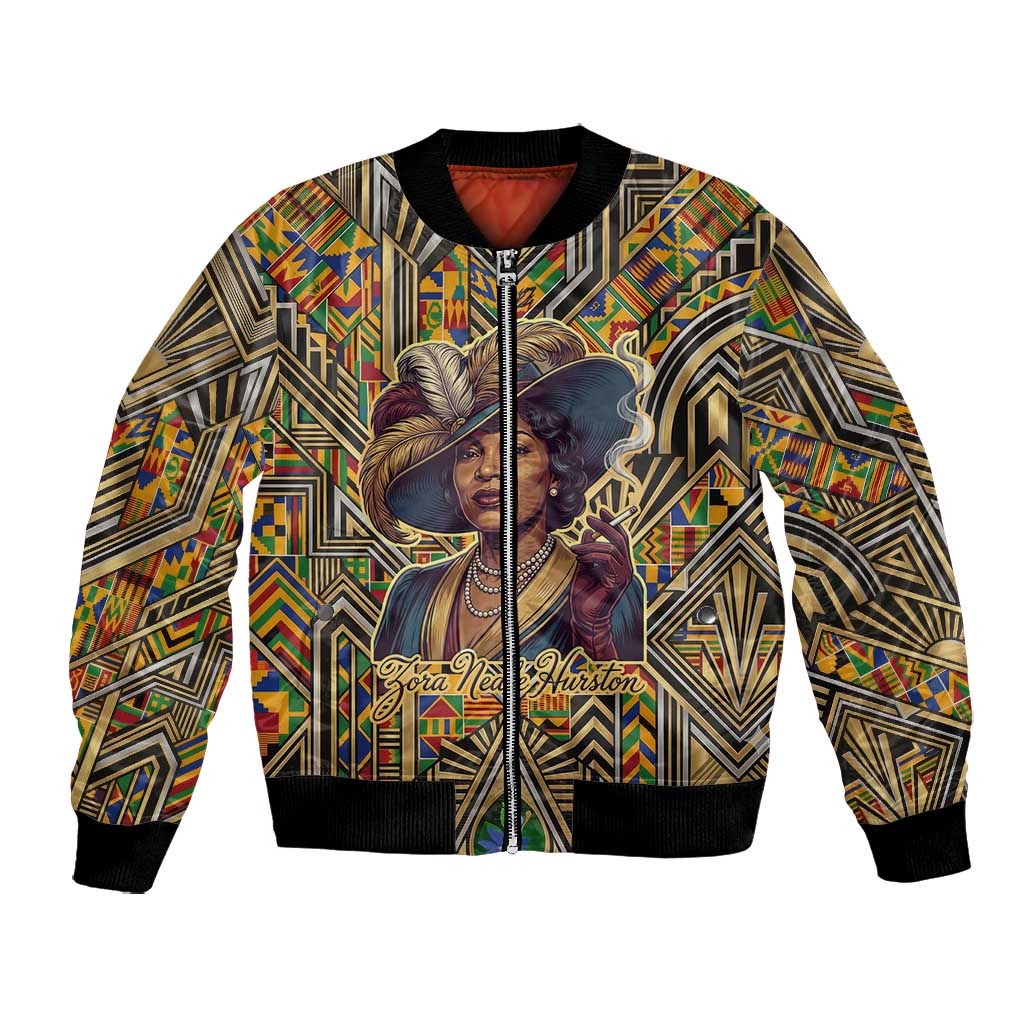 Zora Neale Hurston Bomber Jacket Bold Kente and Art Deco Pattern - I Am Not Tragically Colored - Wonder Print Shop