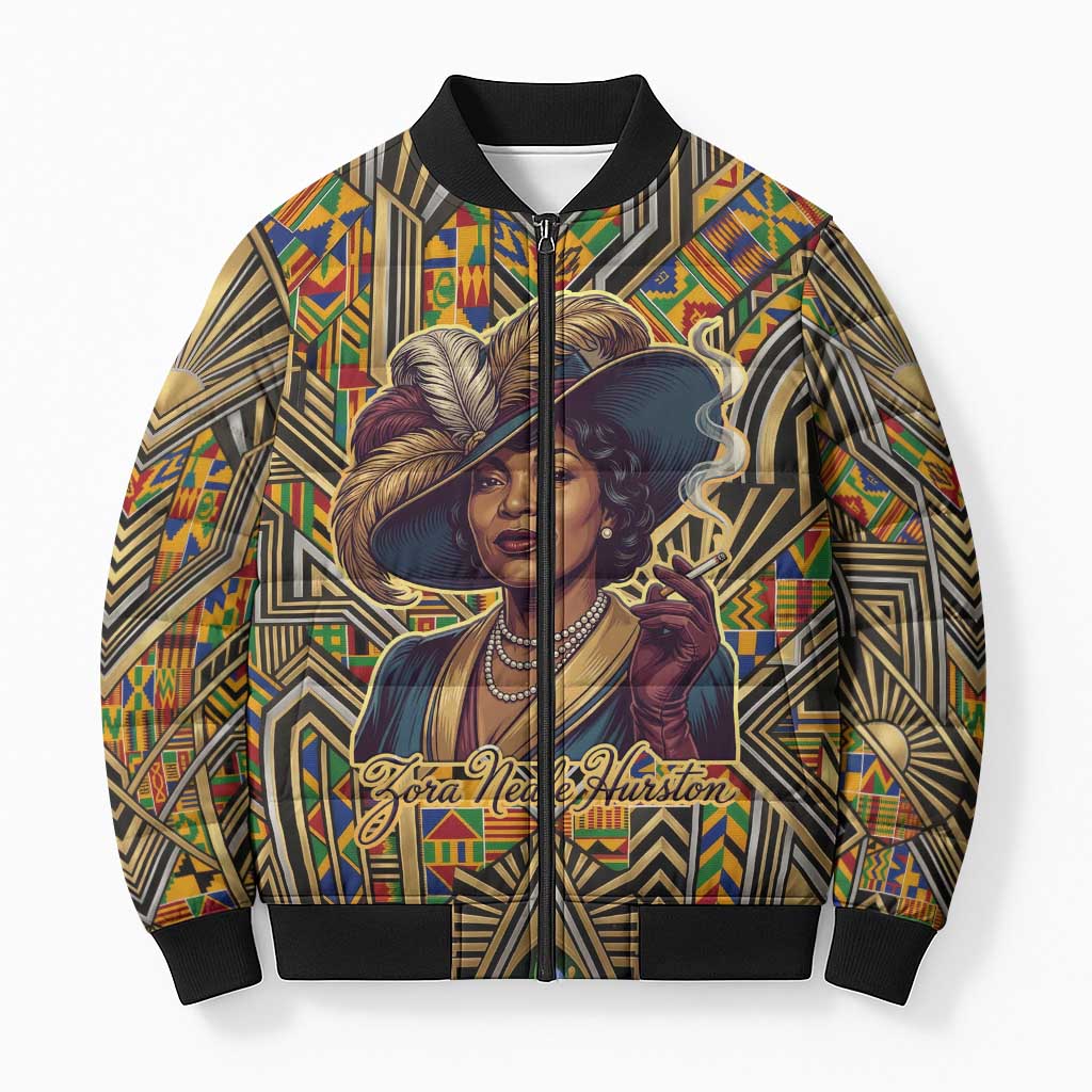 Zora Neale Hurston Bomber Puffer Jacket Bold Kente and Art Deco Pattern - I Am Not Tragically Colored - Wonder Print Shop