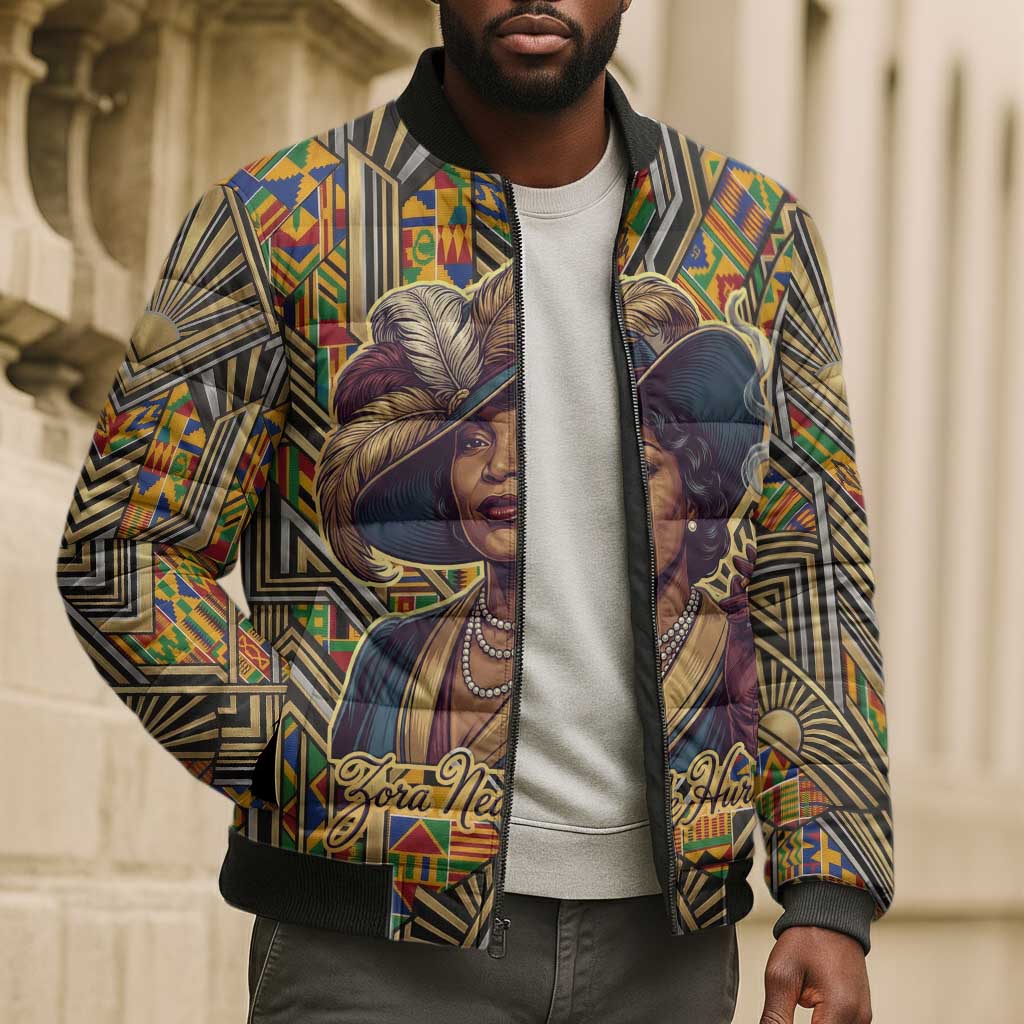 Zora Neale Hurston Bomber Puffer Jacket Bold Kente and Art Deco Pattern - I Am Not Tragically Colored - Wonder Print Shop