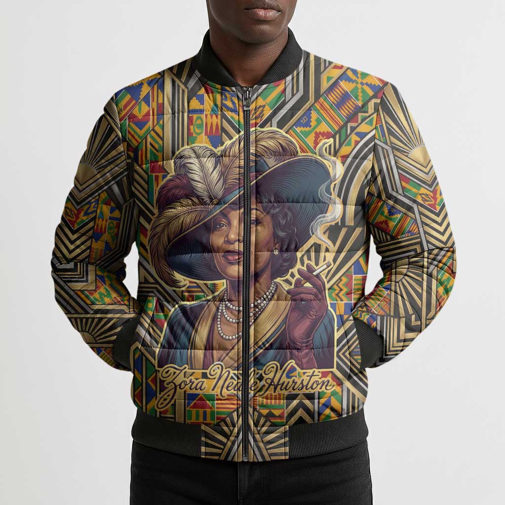 Zora Neale Hurston Bomber Puffer Jacket Bold Kente and Art Deco Pattern - I Am Not Tragically Colored - Wonder Print Shop