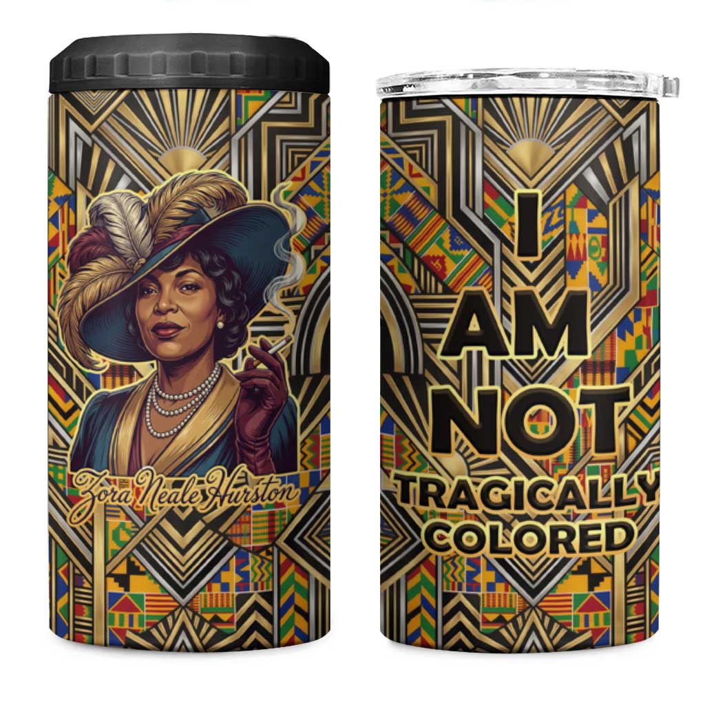 Zora Neale Hurston 4 in 1 Can Cooler Tumbler Bold Kente and Art Deco Pattern - I Am Not Tragically Colored - Wonder Print Shop