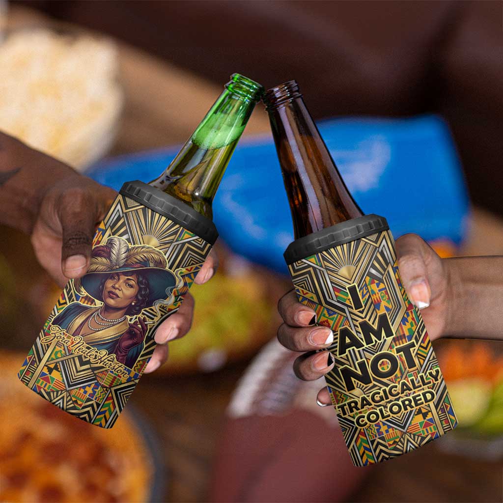 Zora Neale Hurston 4 in 1 Can Cooler Tumbler Bold Kente and Art Deco Pattern - I Am Not Tragically Colored - Wonder Print Shop