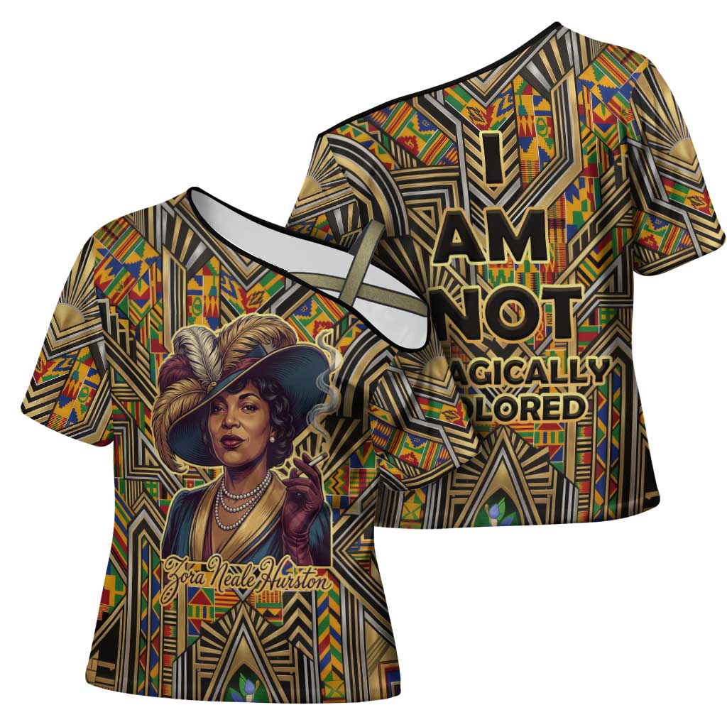 Zora Neale Hurston Cross Shoulder Shirt Bold Kente and Art Deco Pattern - I Am Not Tragically Colored - Wonder Print Shop