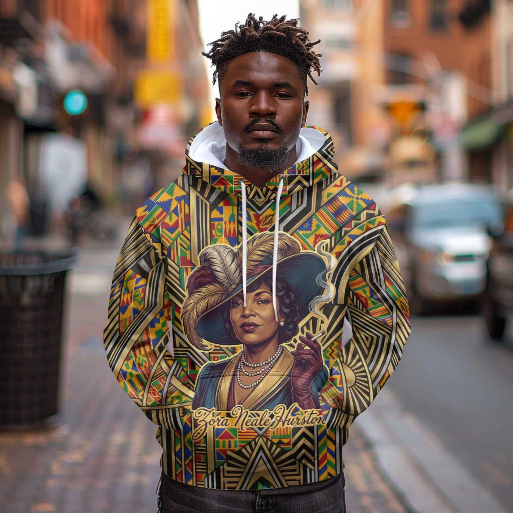 Zora Neale Hurston Hoodie Bold Kente and Art Deco Pattern - I Am Not Tragically Colored - Wonder Print Shop