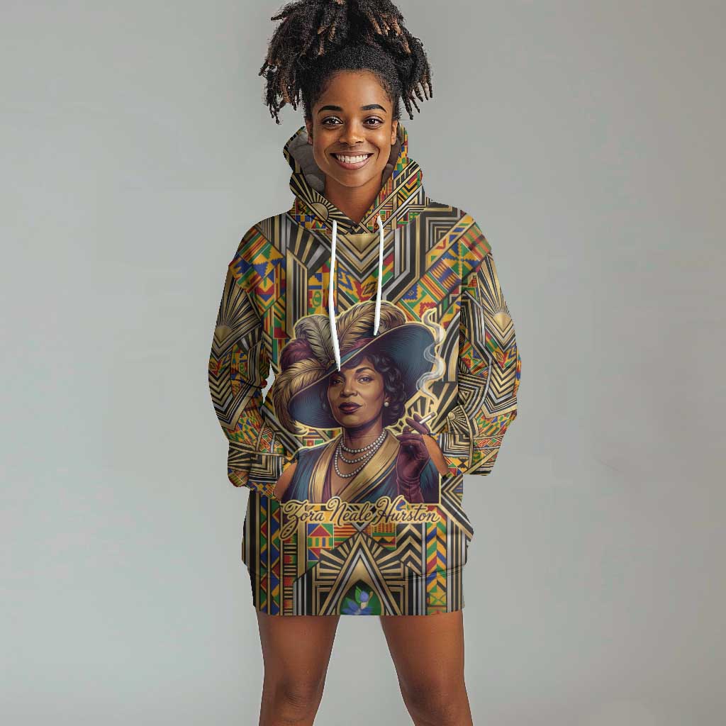Zora Neale Hurston Hoodie Dress Bold Kente and Art Deco Pattern - I Am Not Tragically Colored - Wonder Print Shop