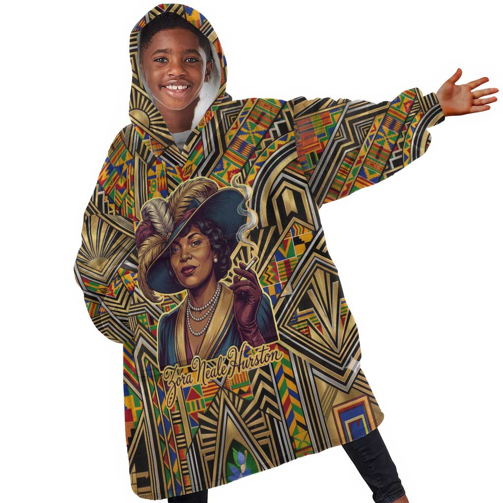 Zora Neale Hurston Kid Wearable Blanket Hoodie Bold Kente and Art Deco Pattern - I Am Not Tragically Colored - Wonder Print Shop