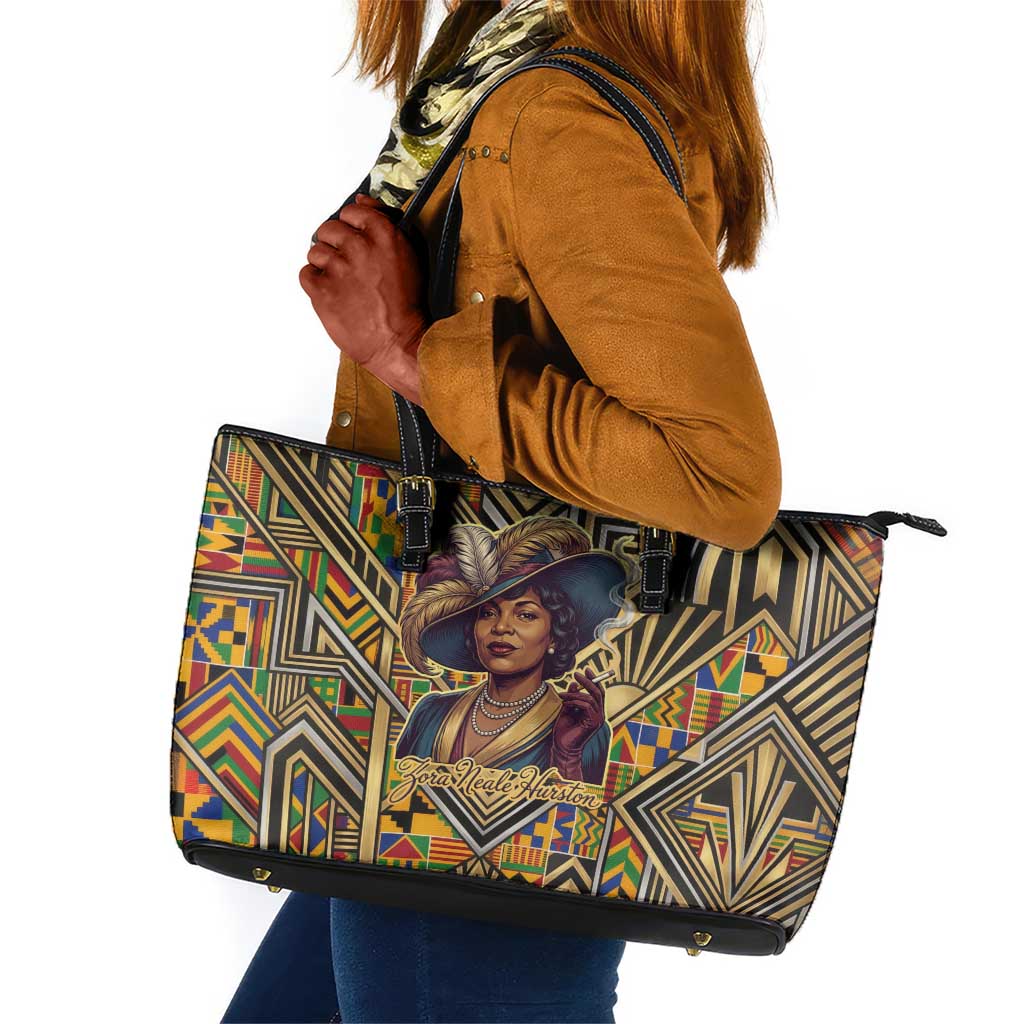 Zora Neale Hurston Leather Tote Bag Bold Kente and Art Deco Pattern - I Am Not Tragically Colored - Wonder Print Shop