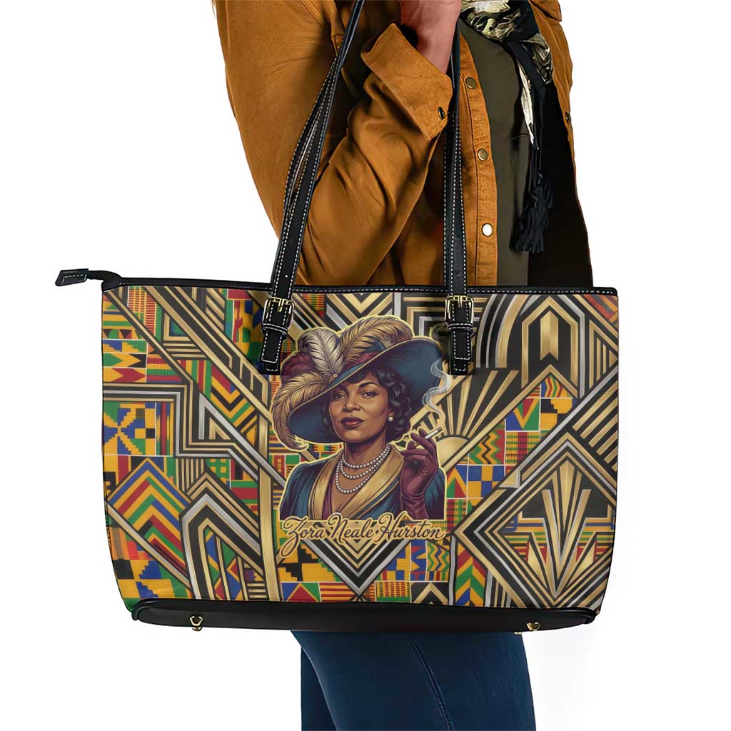 Zora Neale Hurston Leather Tote Bag Bold Kente and Art Deco Pattern - I Am Not Tragically Colored - Wonder Print Shop