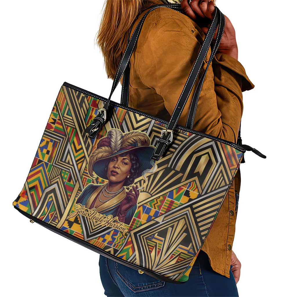 Zora Neale Hurston Leather Tote Bag Bold Kente and Art Deco Pattern - I Am Not Tragically Colored - Wonder Print Shop