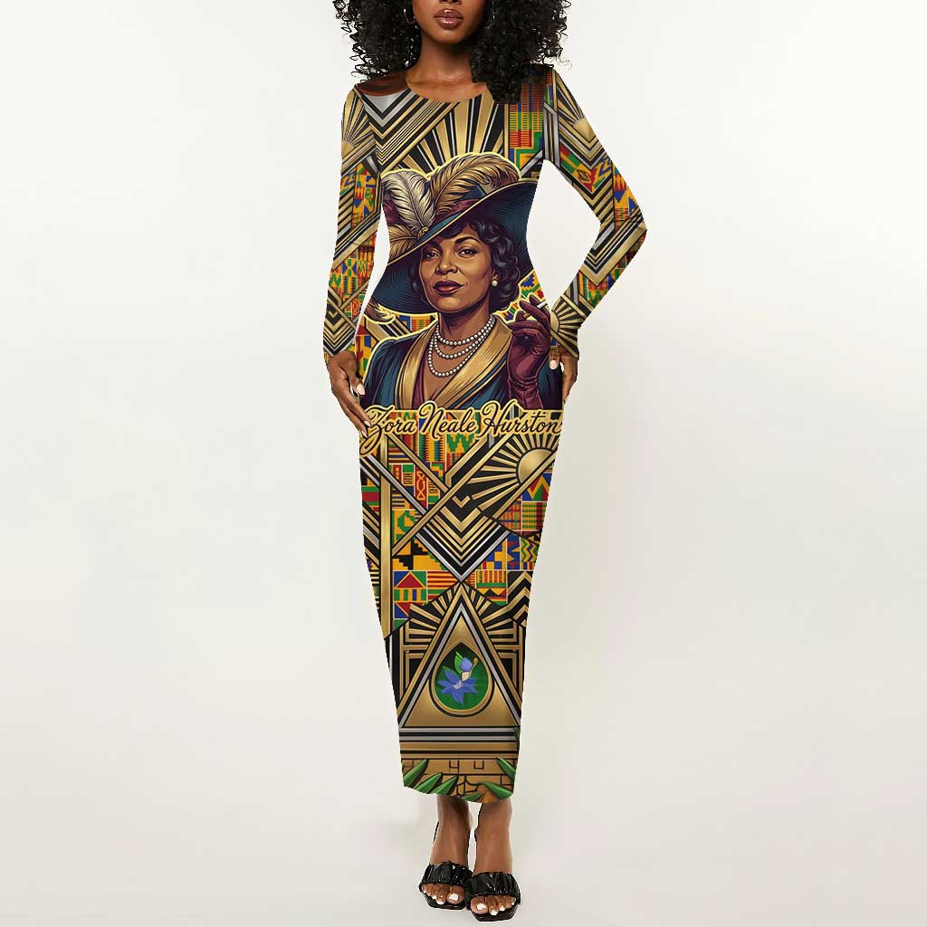 Zora Neale Hurston Long Sleeve Bodycon Dress Bold Kente and Art Deco Pattern - I Am Not Tragically Colored - Wonder Print Shop