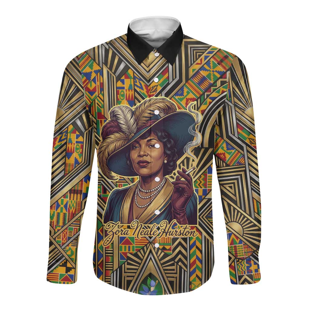 Zora Neale Hurston Long Sleeve Button Shirt Bold Kente and Art Deco Pattern - I Am Not Tragically Colored - Wonder Print Shop