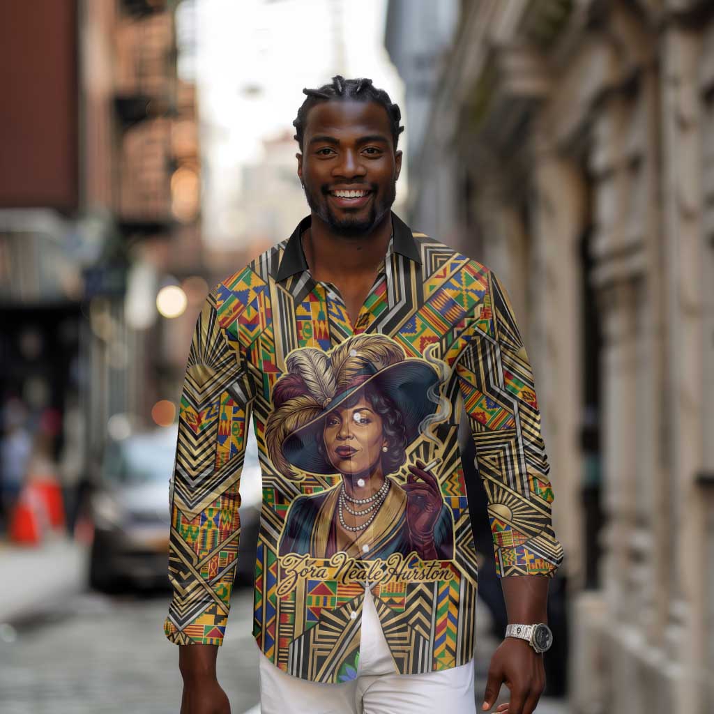 Zora Neale Hurston Long Sleeve Button Shirt Bold Kente and Art Deco Pattern - I Am Not Tragically Colored - Wonder Print Shop