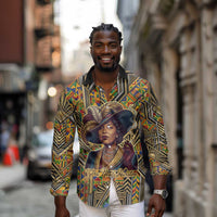 Zora Neale Hurston Long Sleeve Button Shirt Bold Kente and Art Deco Pattern - I Am Not Tragically Colored - Wonder Print Shop