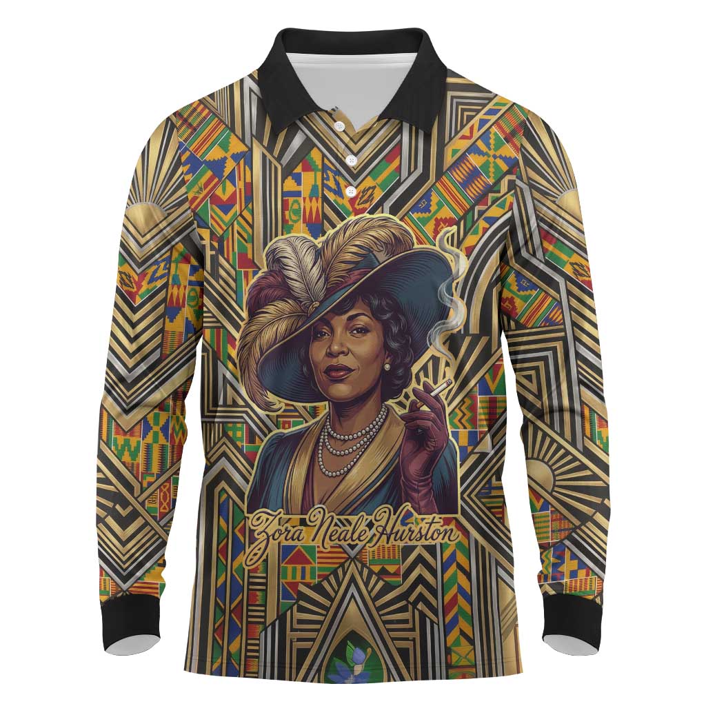 Zora Neale Hurston Long Sleeve Polo Shirt Bold Kente and Art Deco Pattern - I Am Not Tragically Colored - Wonder Print Shop