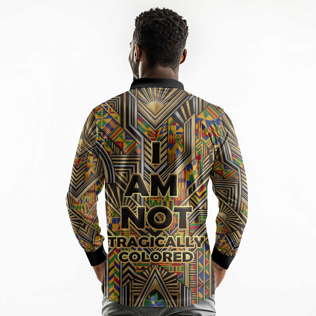 Zora Neale Hurston Long Sleeve Polo Shirt Bold Kente and Art Deco Pattern - I Am Not Tragically Colored - Wonder Print Shop