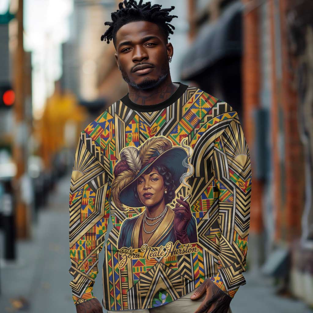 Zora Neale Hurston Long Sleeve Shirt Bold Kente and Art Deco Pattern - I Am Not Tragically Colored - Wonder Print Shop