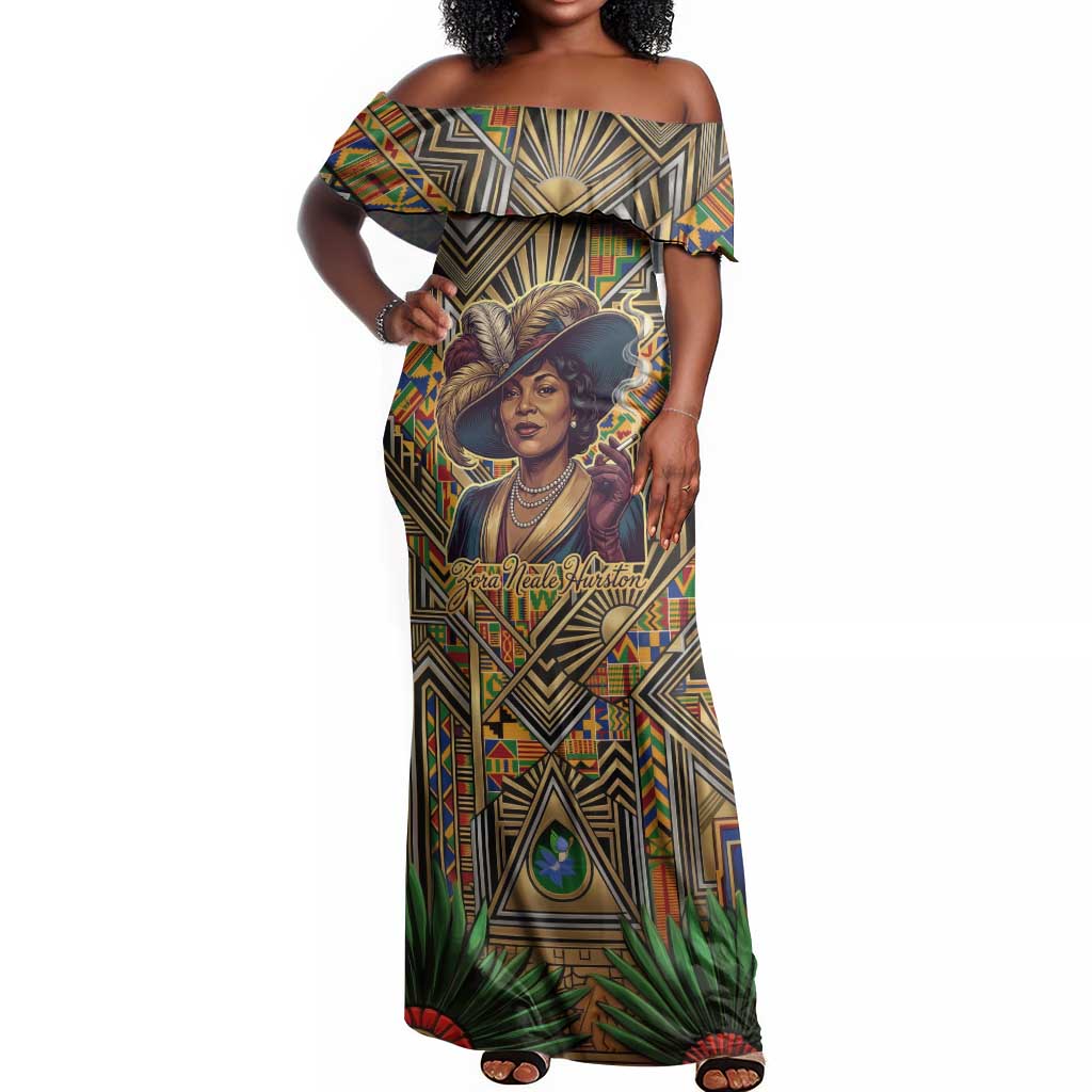 Zora Neale Hurston Off Shoulder Maxi Dress Bold Kente and Art Deco Pattern - I Am Not Tragically Colored - Wonder Print Shop