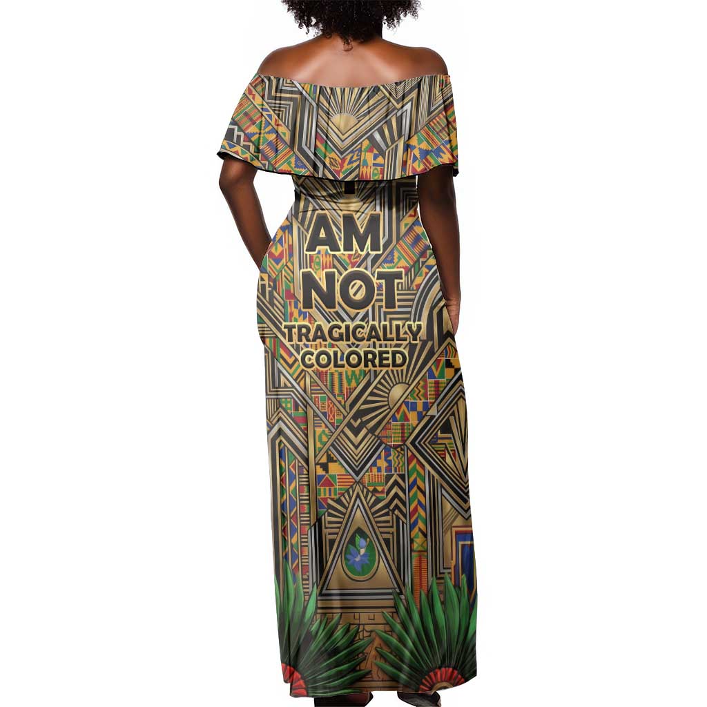 Zora Neale Hurston Off Shoulder Maxi Dress Bold Kente and Art Deco Pattern - I Am Not Tragically Colored - Wonder Print Shop