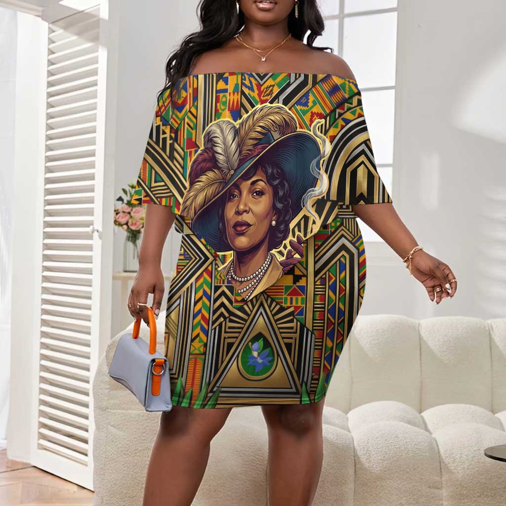 Zora Neale Hurston Off Shoulder Short Dress Bold Kente and Art Deco Pattern - I Am Not Tragically Colored - Wonder Print Shop
