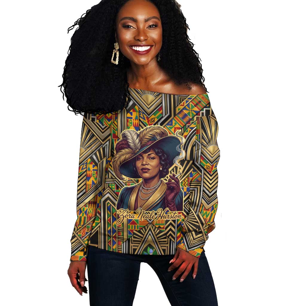 Zora Neale Hurston Off Shoulder Sweater Bold Kente and Art Deco Pattern - I Am Not Tragically Colored - Wonder Print Shop