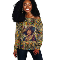 Zora Neale Hurston Off Shoulder Sweater Bold Kente and Art Deco Pattern - I Am Not Tragically Colored - Wonder Print Shop