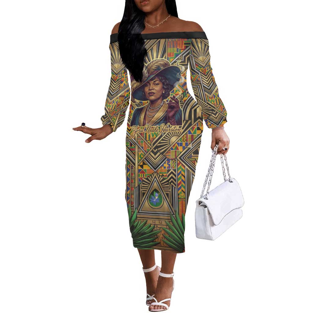 Zora Neale Hurston Off The Shoulder Long Sleeve Dress Bold Kente and Art Deco Pattern - I Am Not Tragically Colored - Wonder Print Shop