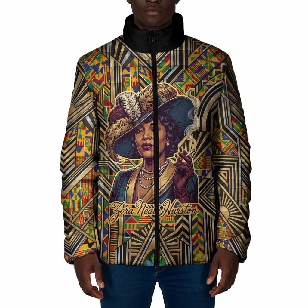 Zora Neale Hurston Padded Jacket Bold Kente and Art Deco Pattern - I Am Not Tragically Colored - Wonder Print Shop