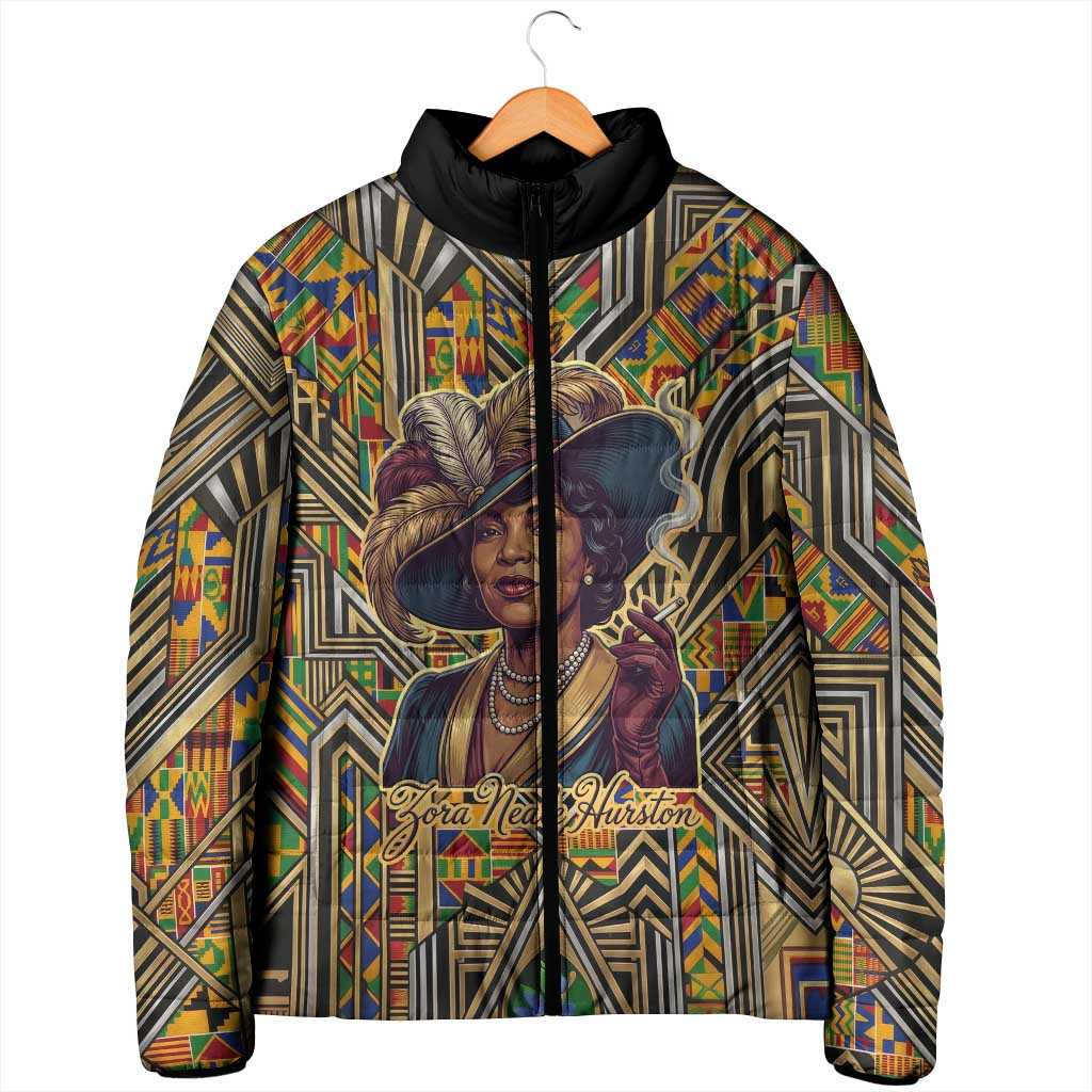 Zora Neale Hurston Padded Jacket Bold Kente and Art Deco Pattern - I Am Not Tragically Colored - Wonder Print Shop