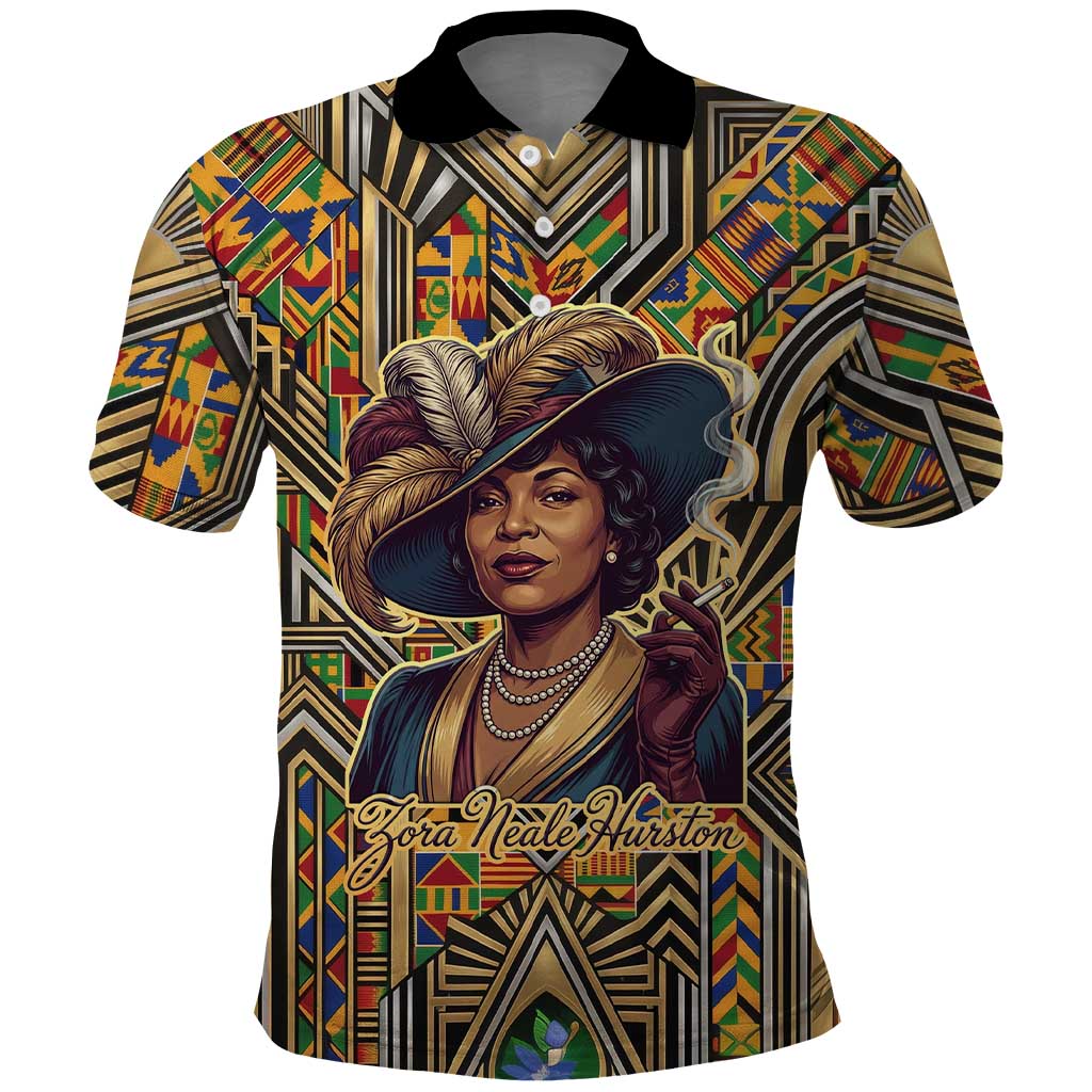 Zora Neale Hurston Polo Shirt Bold Kente and Art Deco Pattern - I Am Not Tragically Colored - Wonder Print Shop