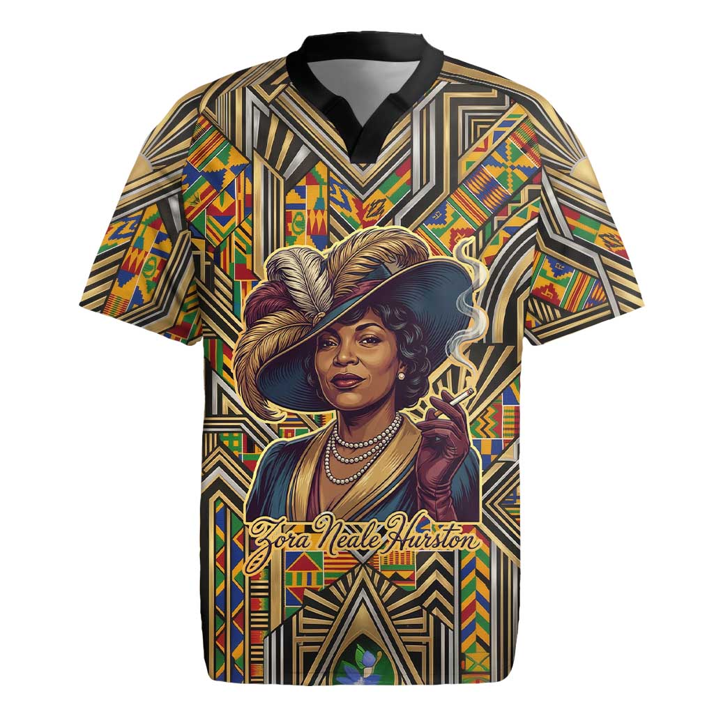 Zora Neale Hurston Rugby Jersey Bold Kente and Art Deco Pattern - I Am Not Tragically Colored - Wonder Print Shop