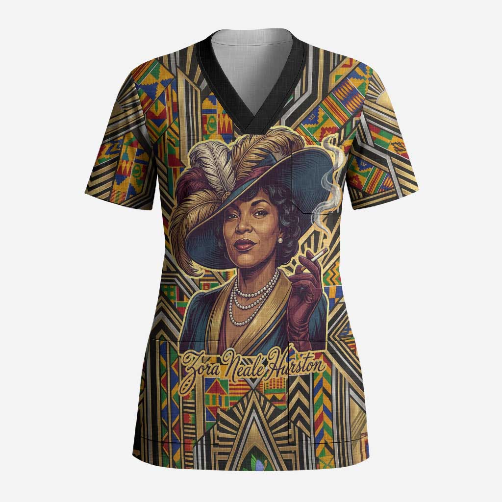Zora Neale Hurston Scrub Top Bold Kente and Art Deco Pattern - I Am Not Tragically Colored - Wonder Print Shop