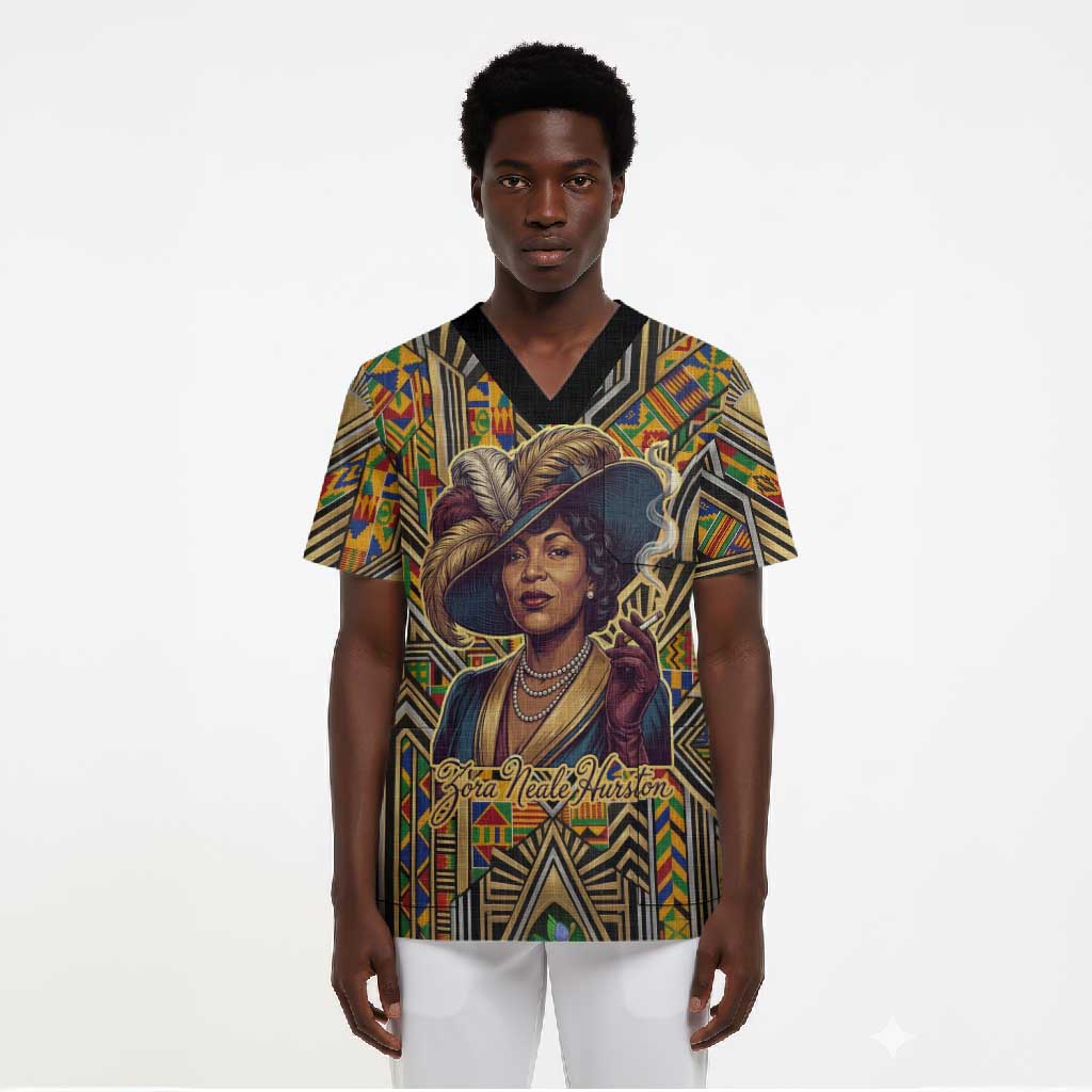 Zora Neale Hurston Scrub Top Bold Kente and Art Deco Pattern - I Am Not Tragically Colored - Wonder Print Shop