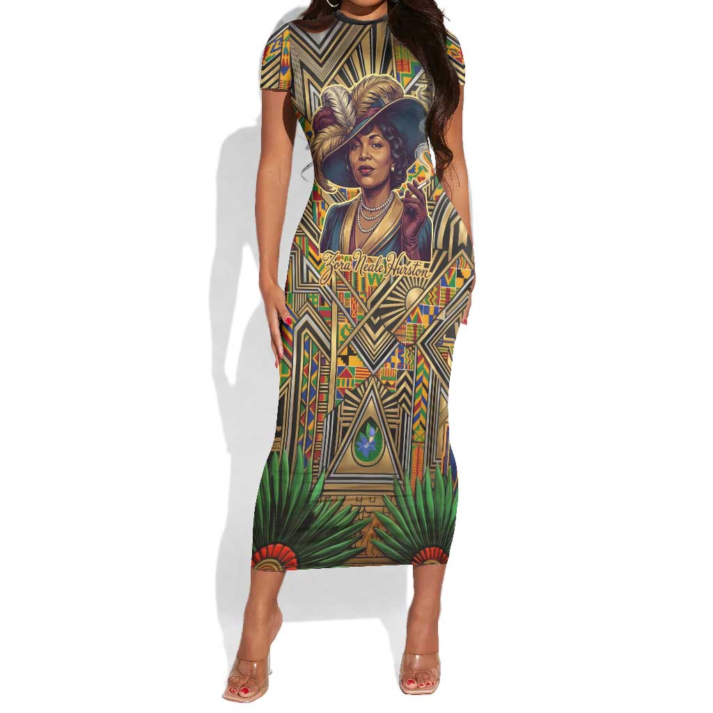 Zora Neale Hurston Short Sleeve Bodycon Dress Bold Kente and Art Deco Pattern - I Am Not Tragically Colored - Wonder Print Shop