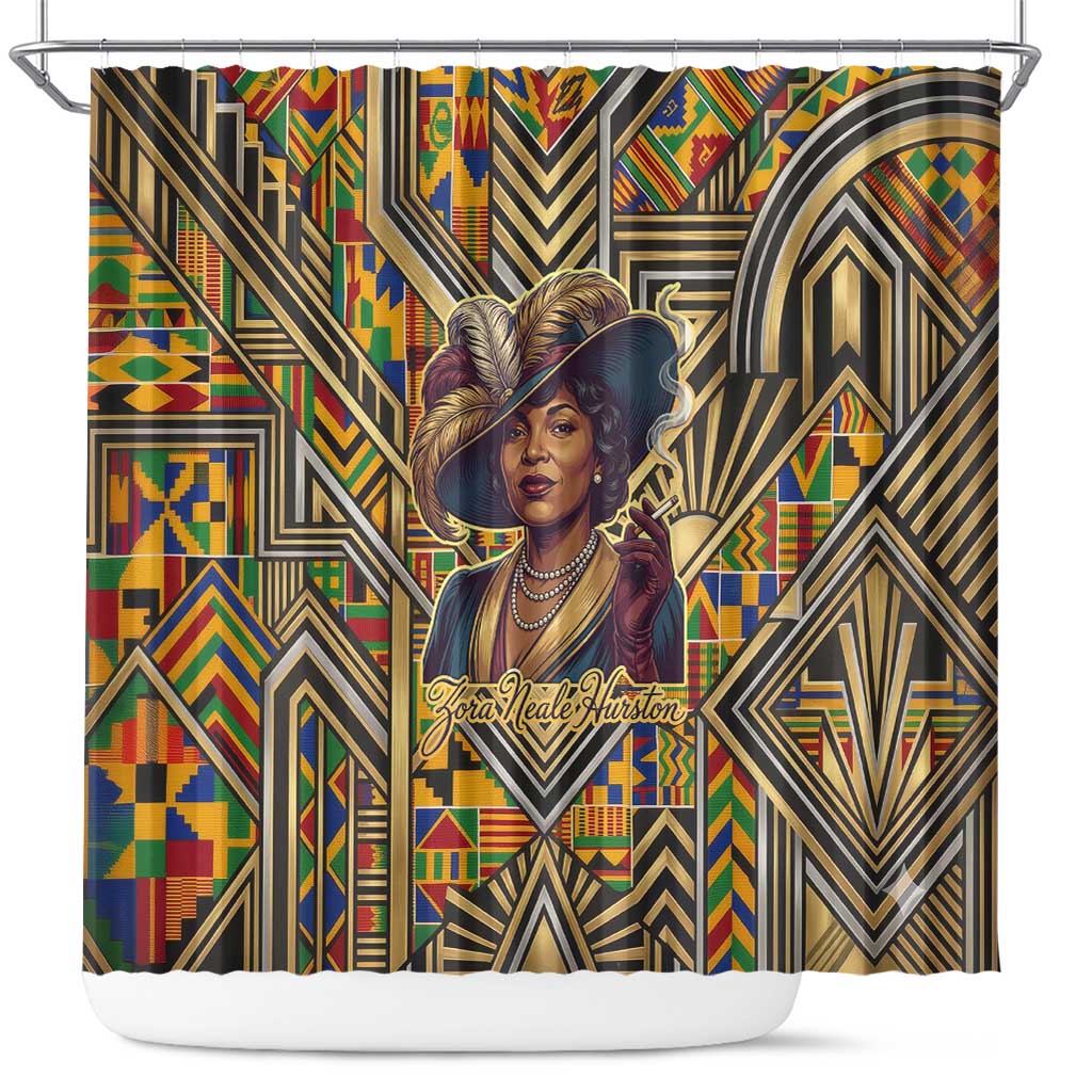 Zora Neale Hurston Shower Curtain Bold Kente and Art Deco Pattern - I Am Not Tragically Colored - Wonder Print Shop