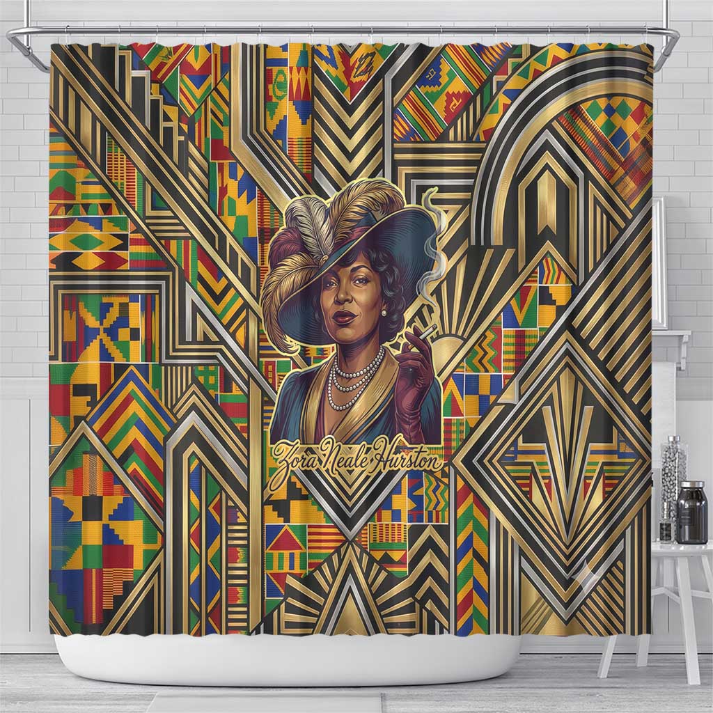 Zora Neale Hurston Shower Curtain Bold Kente and Art Deco Pattern - I Am Not Tragically Colored - Wonder Print Shop
