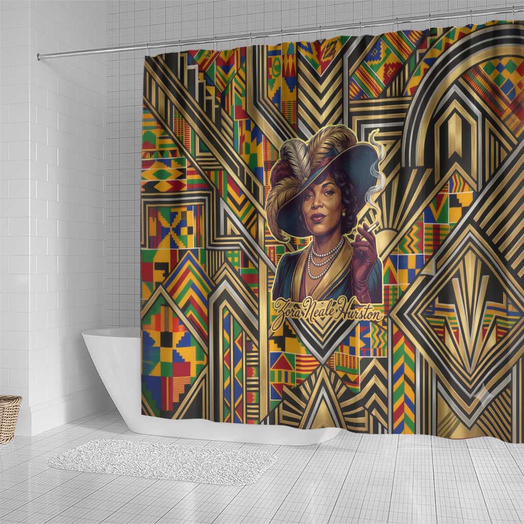Zora Neale Hurston Shower Curtain Bold Kente and Art Deco Pattern - I Am Not Tragically Colored - Wonder Print Shop