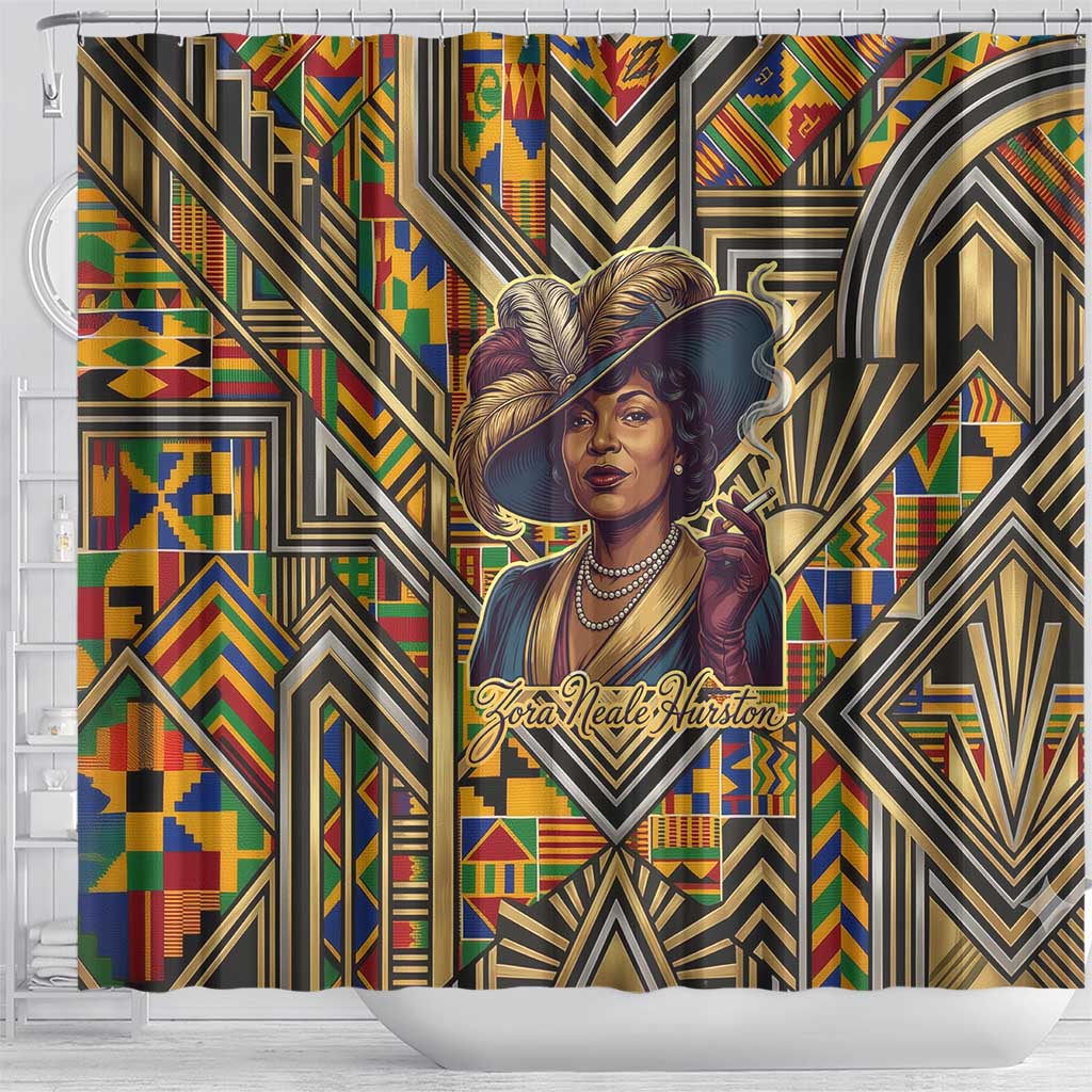 Zora Neale Hurston Shower Curtain Bold Kente and Art Deco Pattern - I Am Not Tragically Colored - Wonder Print Shop