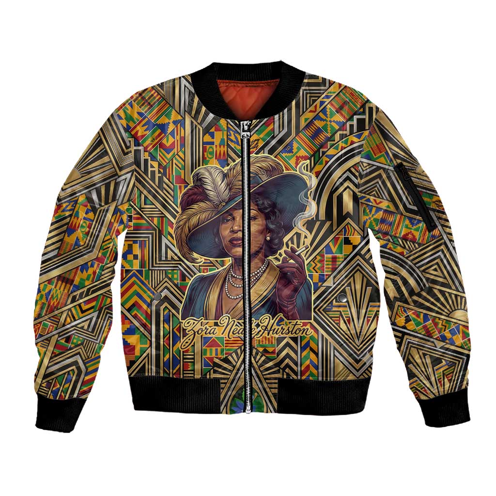 Zora Neale Hurston Sleeve Zip Bomber Jacket Bold Kente and Art Deco Pattern - I Am Not Tragically Colored - Wonder Print Shop