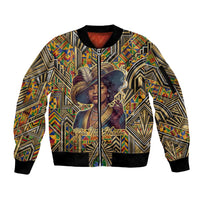 Zora Neale Hurston Sleeve Zip Bomber Jacket Bold Kente and Art Deco Pattern - I Am Not Tragically Colored - Wonder Print Shop