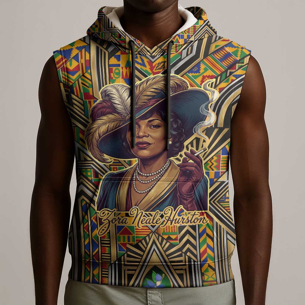 Zora Neale Hurston Sleeveless Hoodie Bold Kente and Art Deco Pattern - I Am Not Tragically Colored - Wonder Print Shop