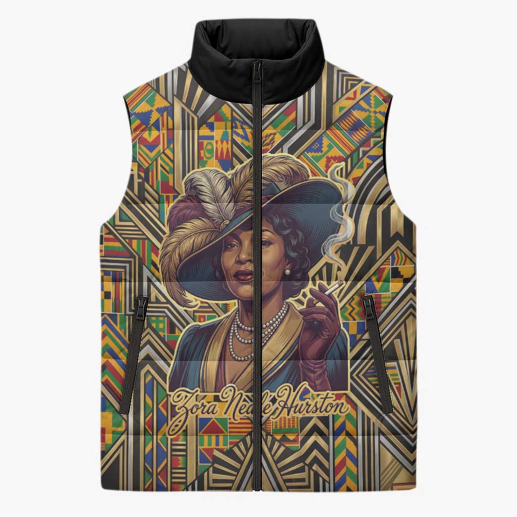 Zora Neale Hurston Sleeveless Puffer Jacket Bold Kente and Art Deco Pattern - I Am Not Tragically Colored - Wonder Print Shop